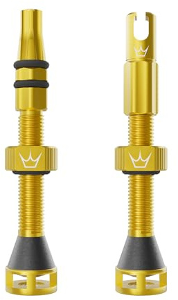 Peaty's Holeshot Fast Flow Tubeless Valves - High Airflow Anti Sealant Clog Design, Fast Tyre Setup, Fully Serviceable 7075 Aluminium, Bike Tyre Valves Compatible with MTB Rim Inserts, 42mm Gold