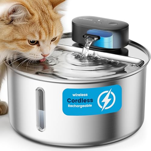 oneisall Wireless Cat Water Fountain for Drinking 3.2L | Stainless Steel Dishwasher Safe Cat Fountain,20db Silent Pump,4000mAh Battery Operated Pet Water Dispenser Motion Sensor