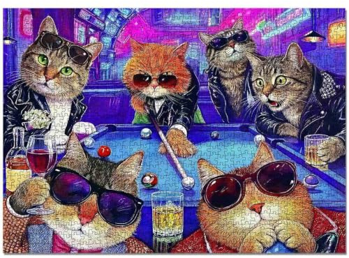 Cats and Billiards Puzzle Cats Playing Pool Jigsaw 1000 Pieces for Adults Funny Animal Retro Neon Cat Beginner Challenging Family Activity Games DIY Crafts Puzzle for Home Decor Gifts