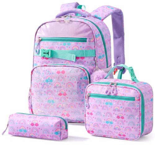 Amythe skolväska set 3 delar, skolryggsäck pojkar från 1 st. Klass, ryggsäck för barn med ergonomisk lätt 18 l reflekterande, ryggsäckar grundskola vattentät med bröstbälte, regnbåge