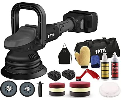 SPTA 18V Cordless Car Polisher, 15mm Orbit 2000-4800 OPM Portable Buffer Polisher with 7 Variable Speed 2Pcs 4.0Ah Battery, 6 Sponge Pads,2 Wool Pad, Tool Bag for Car Polishing, Waxing