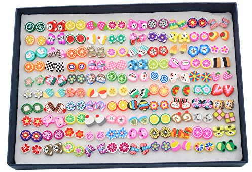 POFET 100 Pairs Stud Earrings with Rectangle Shape Gift Box, Exquisite fruit large soft clay earrings, Multiple Size and Patterns PAB12253