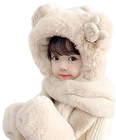 Bonnet Echarpe Moufle 3 en 1 Enfant Chapeau Fille Garcon Hiver avec Un Foulard de Gants Chaud Mignon Unisexe Cagoules en Peluche Cache Oreilles Capuche pour Voyage Ski Noël Outdoor