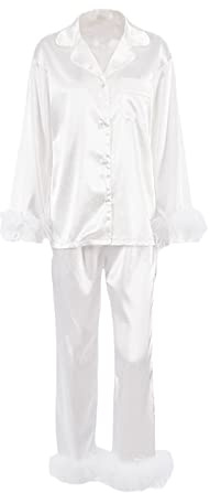 Conjunto de pijama de plumas para mujer, de seda, de satén, de manga larga, con botones, pantalones largos, ropa de dormir suelta, ropa de dormir, blanco, S