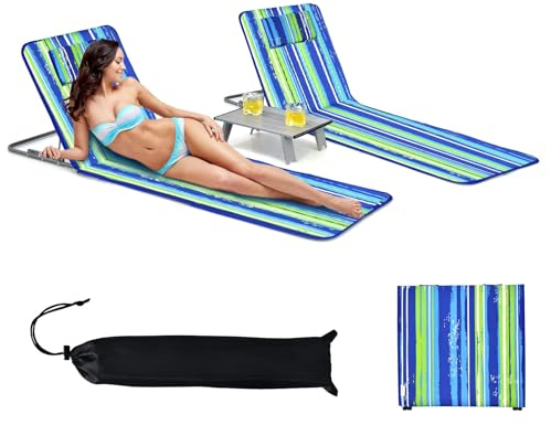 GOPLUS 2er Set Strandmatte mit Tisch, Strandliege klappbar leicht, Strandmatte mit Rücklehne 5-stufig verstellbar, inkl. 2 abnehmbare Kopfstütze, Oxford-Gewebe, für Terrasse & Strand (Blau+Grün)