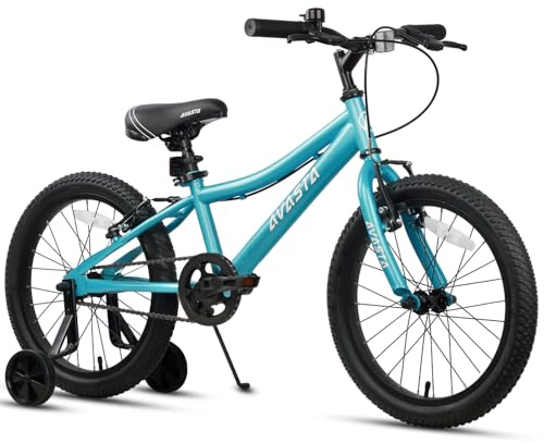 AVASTA Bilbo 18 Inch Kids Bike for Boys Girls 5 6 7 8 Years Old, Retro Style High Carbon Steel Bicycle with Adjustable Handlebars and Seat, Dual V-Brakes, Training Wheels, Kickstand, Cyan
