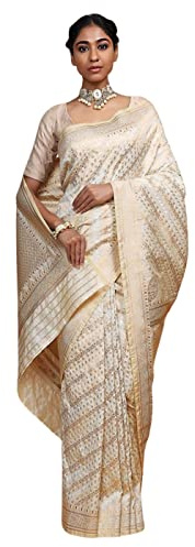 STYLE INSTANT Sari Indiani Banarasi Art Seta per Donne - Regalo Etnico Tradizionale Diwali e Nozze - Sari e Camicetta Non Cucita, Crema