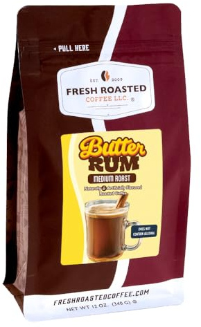 Fresh Roasted Coffee, Butter Rum Flavored Coffee, 12 oz, Medium Roast, Kosher, Whole Bean