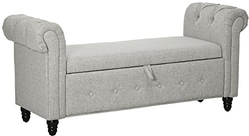 HOMCOM Banc de Rangement, Coffre de Rangement en Tissu Aspect Lin avec Pieds en Bois, 146,5 x 49 x 72 cm, Gris