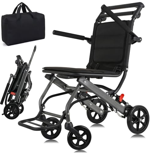 WISGING Ultra-Light Transport Wheelchair (only 15lb), Folding Portable Wheelchair with Hand Brake, Trolleys for Elderly Aircraft Travel, Wheelchairs for Adults (with Bag) (with Telescopic Handle)