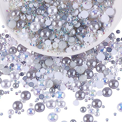 BEEFLYING 60g Cabujón de Perla semiredonda con Reverso Plano Mixto y Diamantes de imitación de Resina para Arte de uñas y Manualidades DIY, Cuentas semiredondas de 3 mm-10 mm (Gris Blanco)