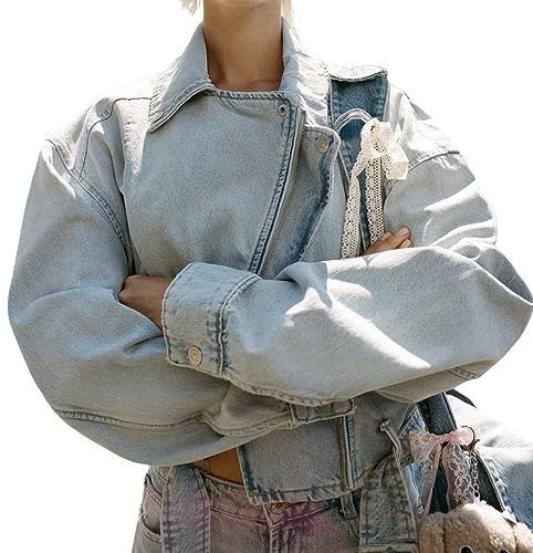 Cazadora Vaquera Mujer,Chaqueta De Mezclilla Recortada Con Cremallera Para Mujer, Chaqueta De Mezclilla Con Manga De Murciélago, Chamarra De Mezclilla Lavada, Abrigo De Cárdigan Casual De Camionero