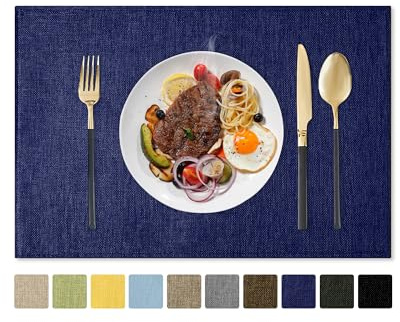 Romanstile Faux Linen Placemats Set of 6, 12 x 18 Inch Thickened linen Farmhouse Burlap Place Mats, Anti-Slip Heat Resistant Washable Table Mats for Dining Table Restaurants Indoor Outdoor (Navy Blue)
