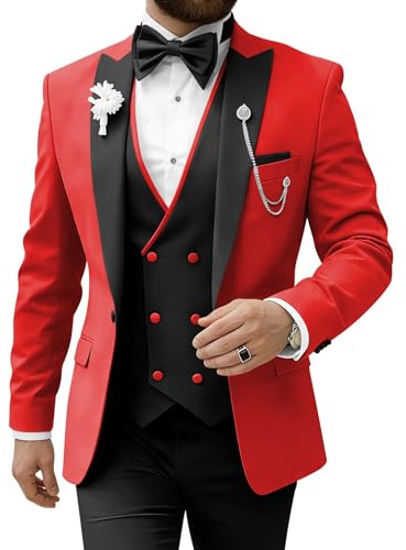 TUXBURNTXZ Suits for Men Slim Fit Red 3 Piece Suit Double Breasted Suit Men Prom L