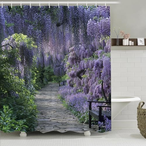 Simpomsy 3D Floral Shower Curtain Purple Garden Scenery Bathroom Wet Room Outdoor Long Bath Curtains Mould Proof Resistant Washable Drop Waterproof Fabric with Hooks 200x180cm