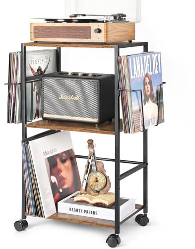 Bikoney Plattenspieler Ständer Rollender Beistelltisch mit Großem Schallplattenständer Vinyl Ständer Wagen für Bis zu 150 Alben Plattenhalter Plattenspieler Tisch mit 2 Vinyl Displays