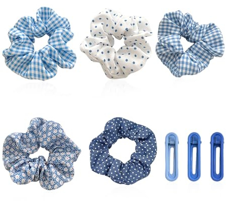 HDGSAFD 5 gomas para el pelo, 3 pinzas para el pelo, gomas para el pelo a cuadros y lunares, accesorios para el cabello a cuadros azules, accesorios para el cabello de cola de caballo, gomas suaves y