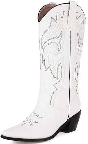 Voviggiw Bottes de cowboy brodées à la mode pour femme, bottes de cowgirl mi-mollet à enfiler sur bottes western larges, blanc, 39 EU