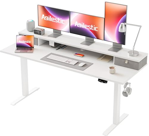 Agilestic Electric Adjustable Height Desk, with 2 Fabric Drawers, 160x60cm | 72-116cm Height, Stable Sit-Stand Standing Desk w. 2 Memory Buttons, Computer Desk for Home Office, 2 pcs Desktops, White