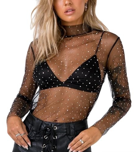 HTTDSLF Damen Mesh Oberteil Women's Sexy Mesh Sheer Tops Transparentes Netzoberteil Sexy Schwarz MEsh T-Shirt Transparent Tulle MEsh Shirt