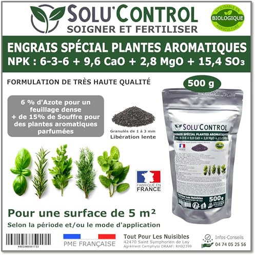 500 g - Engrais Spécial Plantes Aromatiques NPK 6-3-6 - Favorise un feuillage dense, intensément parfumé et vigoureux - Utilisable en Agriculture Biologique (UAB) - Fabriqué en France