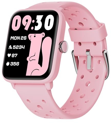 BIGGERFIVE Fitness Tracker Orologio senza App Bambina da 5 a 14 Anni, Smartwatch con Contapassi, Resistente all'Acqua Fino a 5 ATM, Monitor del Sonno, Sveglia Vibrante, Giochi Puzzle, Rosa poroso
