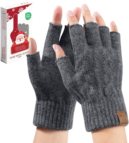 TOMEEK Fingerlösa handskar för kvinnor, 100 % ull, vinter, termiska handskar för män, som kör, halvfingerhandske, löpning, arbete, cykling, vandring, utomhussport (mörkgrå, L)