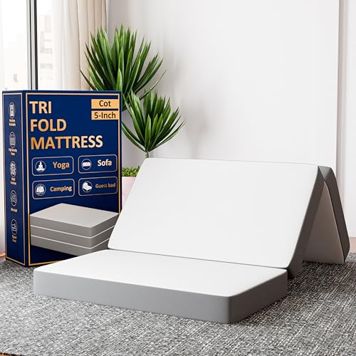 Greaton, 5-Inch Tri-Folding Gel Memory Foam Portable Floor Mattress | Breathable Mesh, Ultra Soft, Cot Pad, Removable and Washable Cover, Comfortable Support, Therapeutic Qualities, 31-Inch, White