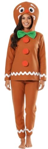Ladies Gingerbread Man Christmas Costume - Brown Top with Green Bowtie & Gingerbread Man Hood, Brown Trousers - Adults Womens Festive Xmas Fancy Dress Costume