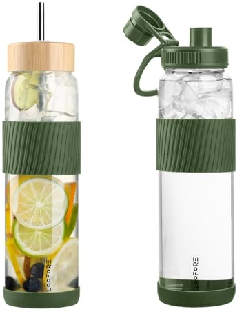 LOOFORE 1 Litre / 1L Bouteille d'eau en Verre et 2 Couvercles Gourde avec Paille, Reutilisable Tasse à Café avec Protecteur en Silicone, sans BPA, pour Maison, Voyages, Sport, Yoga, Gym, Lot de 1