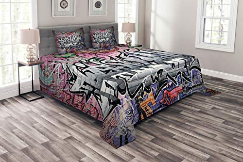 ABAKUHAUS Ziegelwand Tagesdecke Set, Graffiti Grunge Wall Art, Set mit Kissenbezügen Feste Farben, für Doppelbetten 264 x 220 cm, Grau Rosa