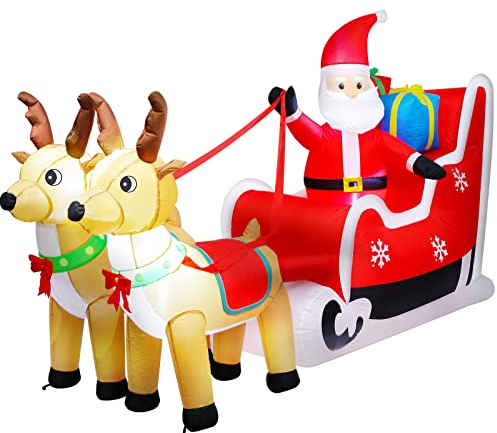 ASTEROUTDOOR Aufblasbarer Weihnachtsmann auf Schlitten mit zwei integrierten LEDs, 2,4 m lang, Weihnachtsmann mit Rentier
