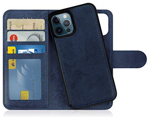 MyGadget Flip Fodral för iPhone 12 | 12 Pro - [avtagbart magnetfodral] - mobilfodral av läderimitation - [flipfodral med kortfack] skyddsfodral i mörkblått