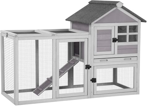 Aivituvin 51.6''L Rabbit Hutch Outdoor Chicken Coop Indoor Bunny Cage with Run,Guinea Pig House Pull Out Upper Tray (Grey)