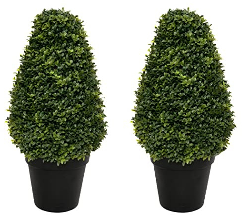 GreenBrokers 2 x Artificial Premium Quality Topiary Boxwood Cone Shaped Plants in Black Pots for Indoor Outdoor Decor, UV Stable (20in/70cm)
