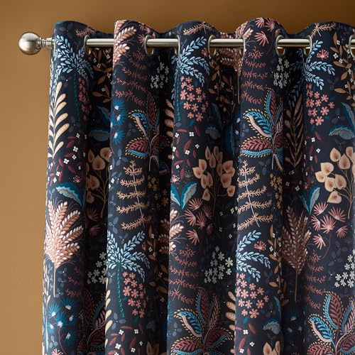 Catherine Lansfield Exotic Leaves Soft Recycled Polyester Velour 66x72 Inch Eyelet Curtains Two Panels Black