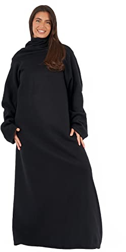OHS Polar Fleece Blanket With Sleeves Wearable Throw Cosy Super Soft Warm Wrap, Black - 135 x 170cm