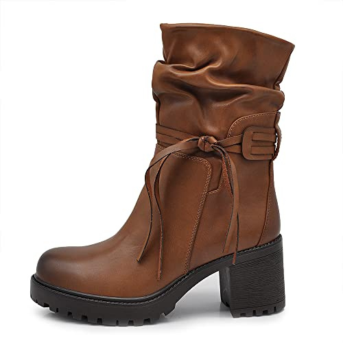 IF FASHION Stivaletti Tronchetti Arricciati da Donna In Pelle Sintetica Con Tacco Grosso Plateau Frange 6640 camel N.40