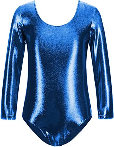 FUREINSTORE Maillot de Danza Ballet Gimnasia Leotardo Body Clásico Brillante Elástico para Niñas de Manga Larga Cuello Redondo para Bailarina (8 Años, Azul)