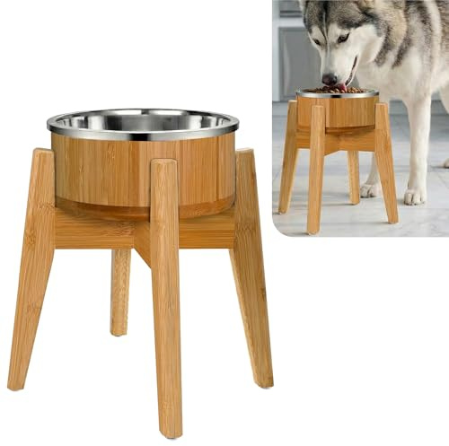Cuenco Elevado de bambú para Perros Grandes, Juego de Plato, Forro y Soporte de Acero Inoxidable, estación de alimentación Individual elevada para Mascotas, sin vuelcos