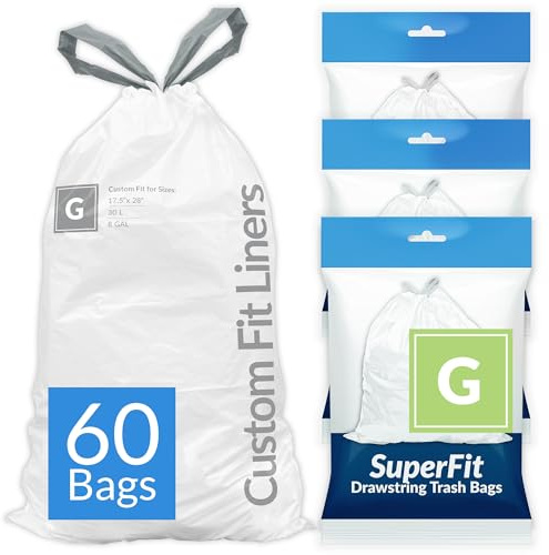 Reli. SuperFit Code G (60 Count) | Compatible with Simplehuman Code G | Dispenser Pack Custom Fit Liners | Drawstring Trash Bags | 30 Liter / 8 Gallon | White