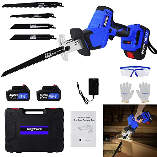 21V Battery Powered Brushless Reciprocating Saw Cordless Electric Reciprocating Saw Portable Wood Saw with1.5Ah Battery,4 Saw Blades,1 Kit Box,0-1900RPM Variable Speed for Metal Wood PVC Pipe
