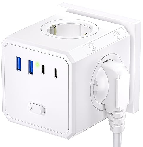 BURNNOVE Cubo Enchufe 8 en 1 Ladron Enchufes 4000W Cubo Enchufes Múltiples Pared con 4 Tomas de CA y 4 USB Cubo Enchufe Multiple Pared con Interruptor para Hogar Oficina Viajes