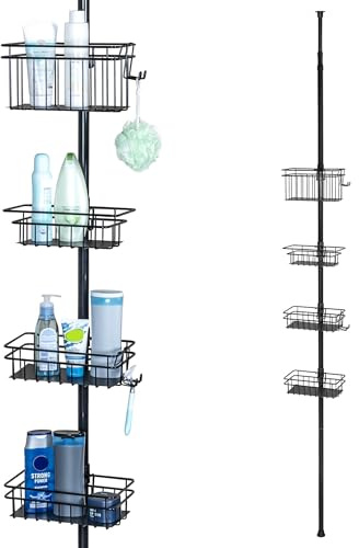 bremermann Teleskop-badrumshylla, 4 korgar, 2 krokar, teleskopstång upp till max. ca 290 cm, höjdjusterbar duschhylla, klämhylla utan borrning (svart)