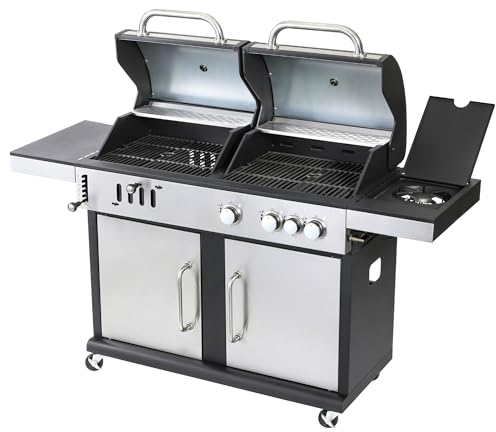 Sac Dual Fuel Combi Portable Grill with 3 Gas Burners, Side Burner and Charcoal BBQ, Cast Iron Grids, Stainless Steel Thermometer and Storage