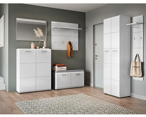 Lomadox Garderoben-Set 6-teilig mit Garderobenschrank, 2X Garderobenpaneel weiß Hochglanz | Flurgarderobe im modernen Stil