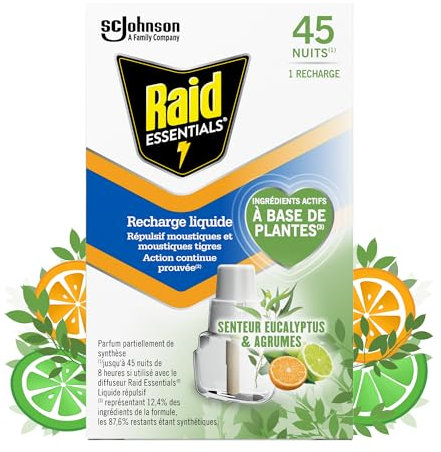 Raid Essentials Recharge Diffuseur Électrique Liquide- Répulsif Moustiques et Moustiques Tigres 45 Nuits - Senteur Eucalyptus et Agrumes - 1 Recharge