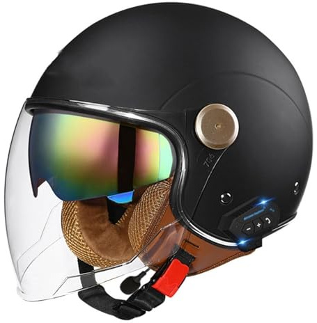 Vuxen Open-Face Bluetooth-hjälm MC-hjälm med dubbelvisir Retro motorcykel halvansiktshjälm Skalkeps DOT/ECE-godkänd 3/4 Cruiser Scooter Jet-hjälm for män kvinnor(Color:M,Size:M(57~58CM))