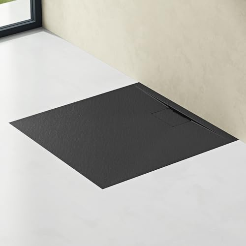 doporro Plato de ducha 90x90x3cm plano de fundición mineral antracita mate rectangular conexiones DIN apto para instalación a ras de suelo Geoma07