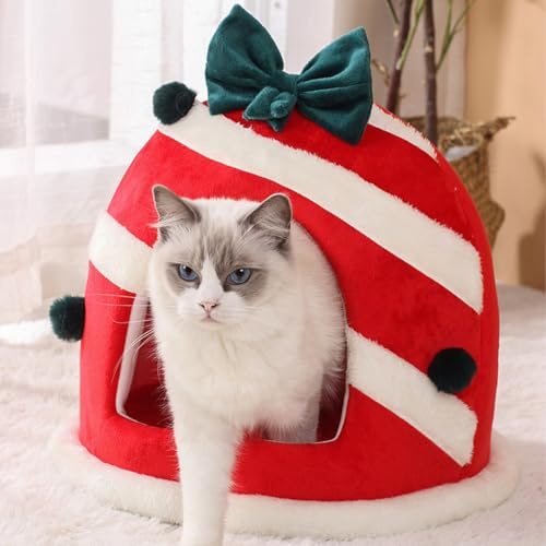 Christmas Tree Cat Cave - Christmas Cat Bed Cat House - Cat Bed Cave with Removable Cushion, Gift for Cat Lovers, Cat Sleeping Place for Indoors, 36 x 36 cm